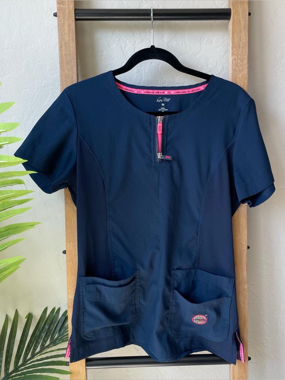 Koi Navy Short-Sleeve Serenity Douple Zip-Front Scrub Top with Pink Trim